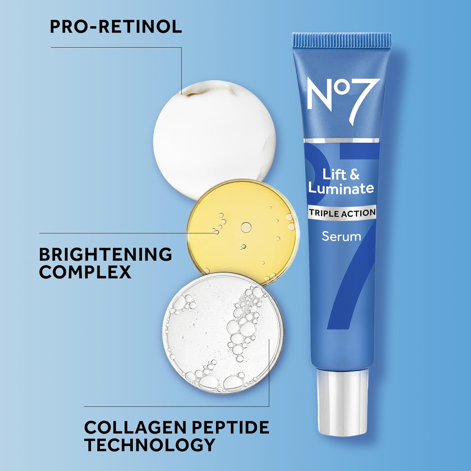 No7 Lift & Luminate Triple Action Face Serum - Collagen Peptide Anti Wrinkle + Brightening Emblica & Vitamin C Serum + Pro Retinol Skin Firming Hyaluronic Acid & Hibiscus (50ml)